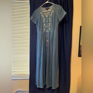 Karen Kane long denim shirt sleeve dress hand painted